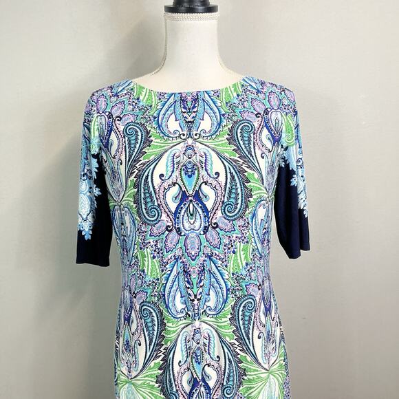Eliza J Dress size 6 Blue Green White Paisley Straight Stretch Modest Career - Picture 5 of 11